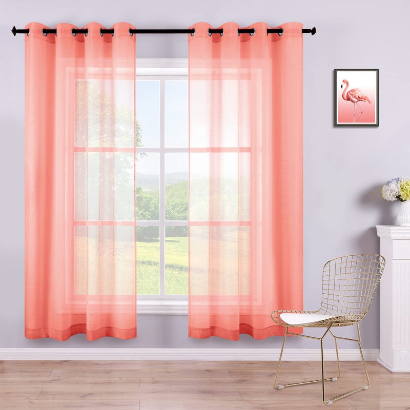 KOUFALL Coral Curtains 63 Inch Length for Girls Bedroom Decor 2 Panels Set Grommet Semi Voile Window Drapes Orange Coral Sheer Curtains for Living Room Kids Nursery Fall Decorations 52x63 Long - Image 1